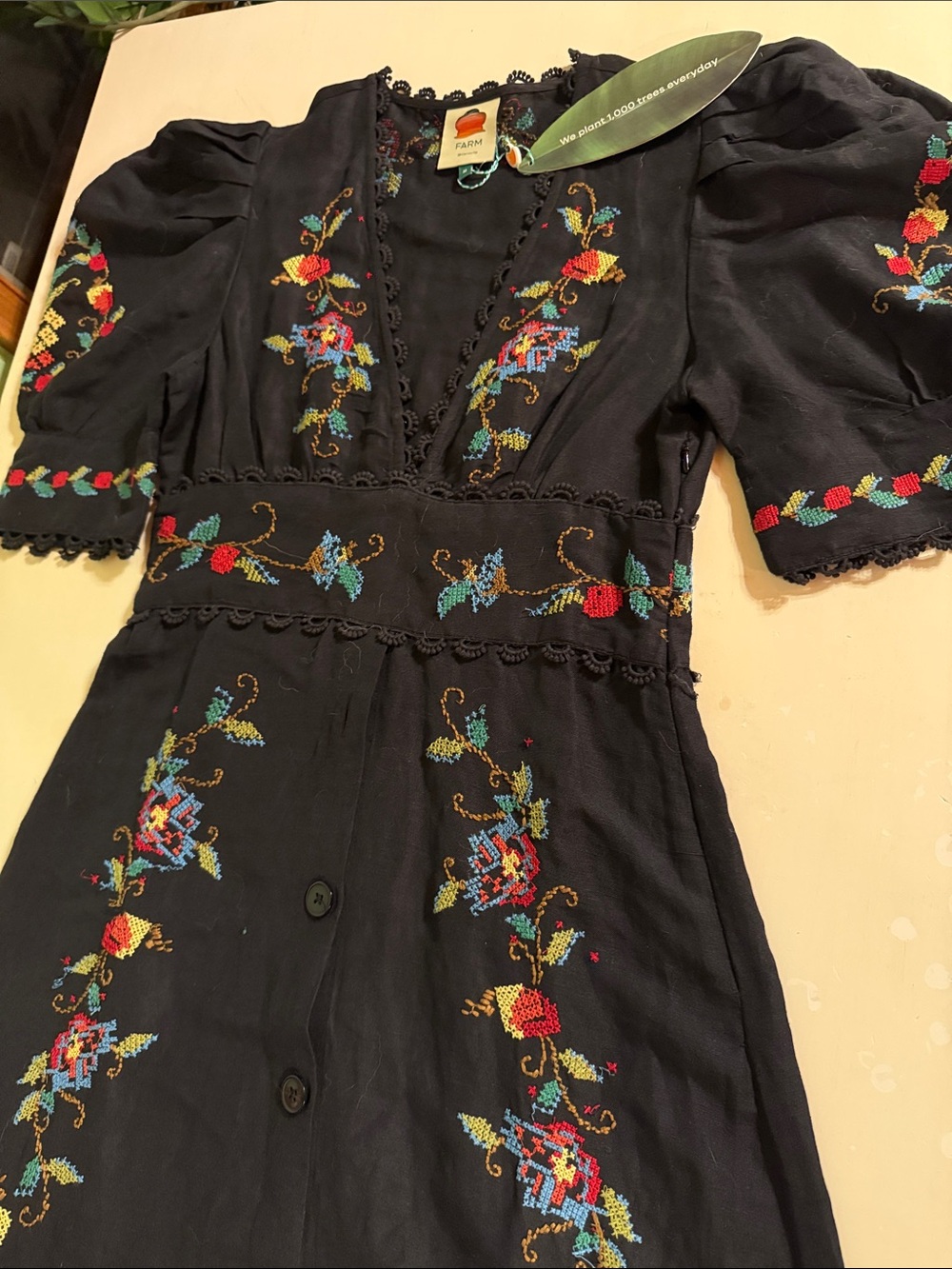 FARM embroidered black dress
